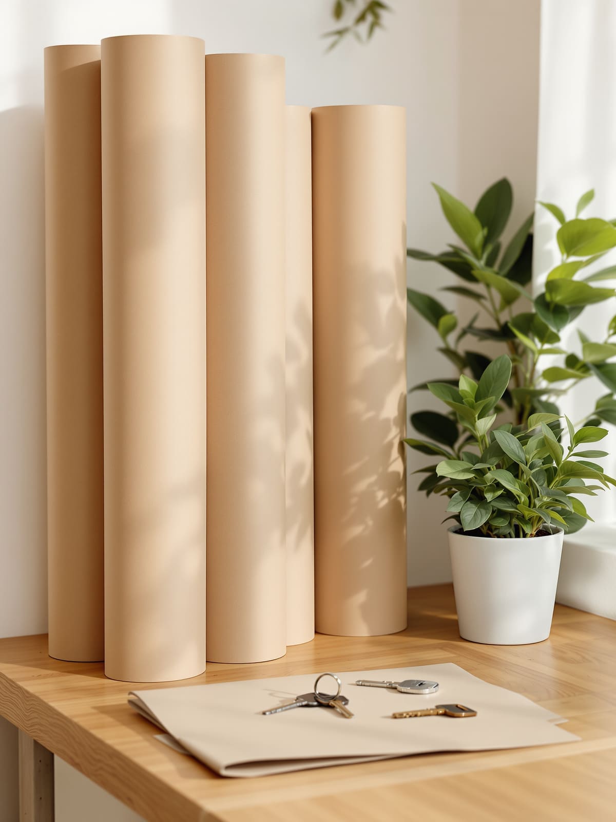Rollos de papel kraft, una planta y llaves nuevas sobre un mostrador