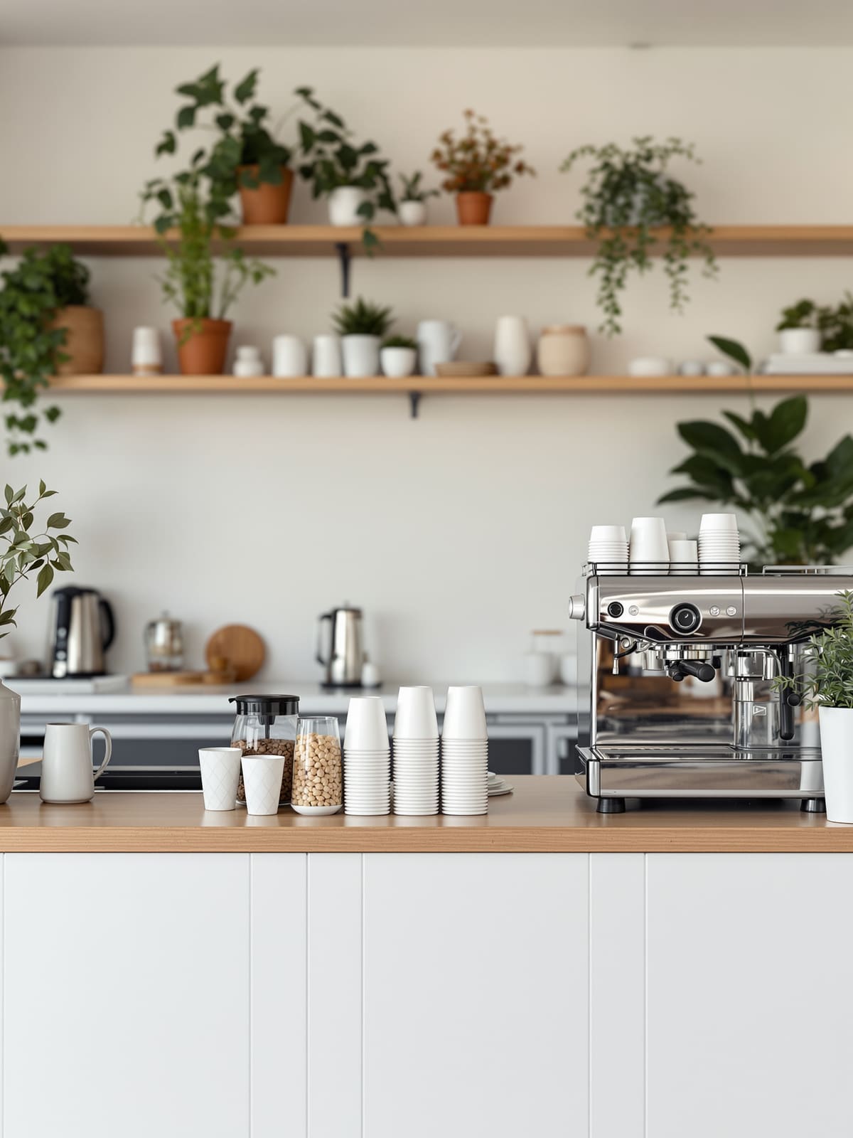 Barra de cafetería lista para abrir con tazas y cafetera