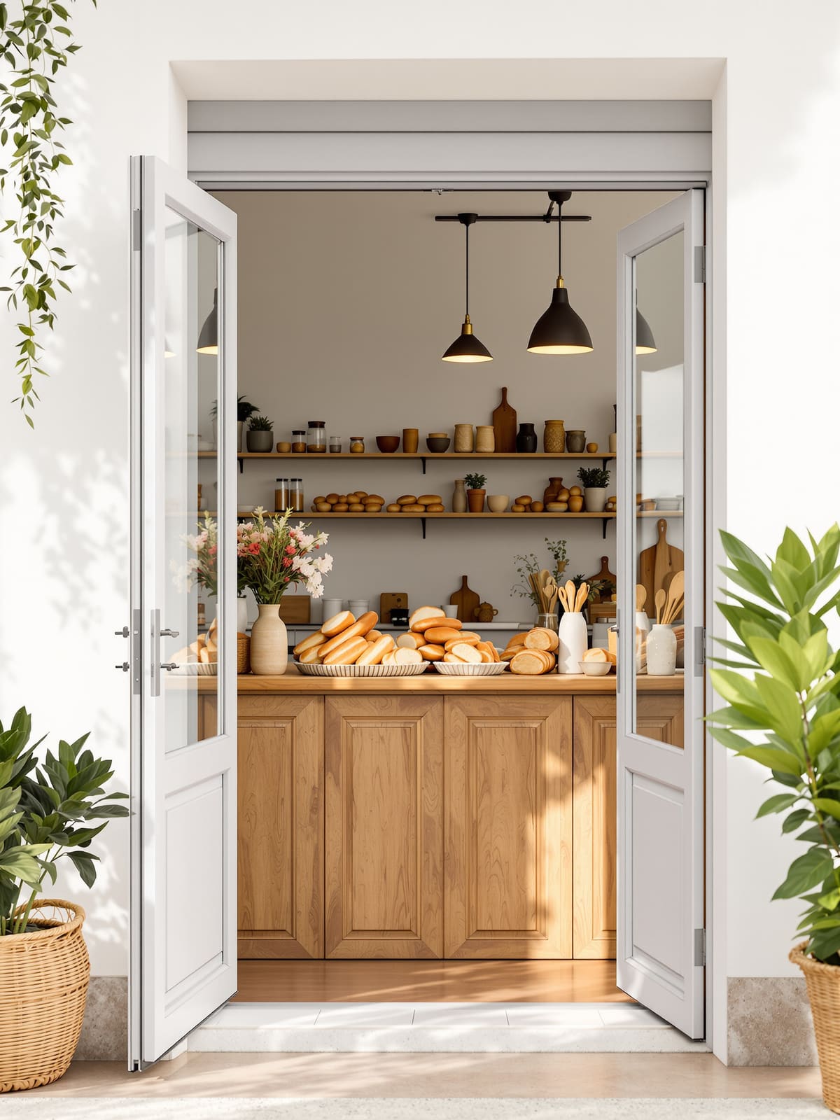 Puerta abierta de una panadería nueva con pan en el mostrador