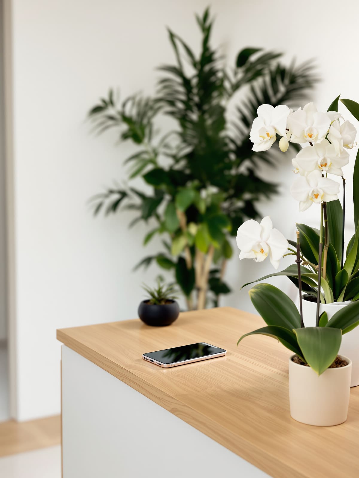 Recepción de una clínica con un móvil y una orquídea blanca