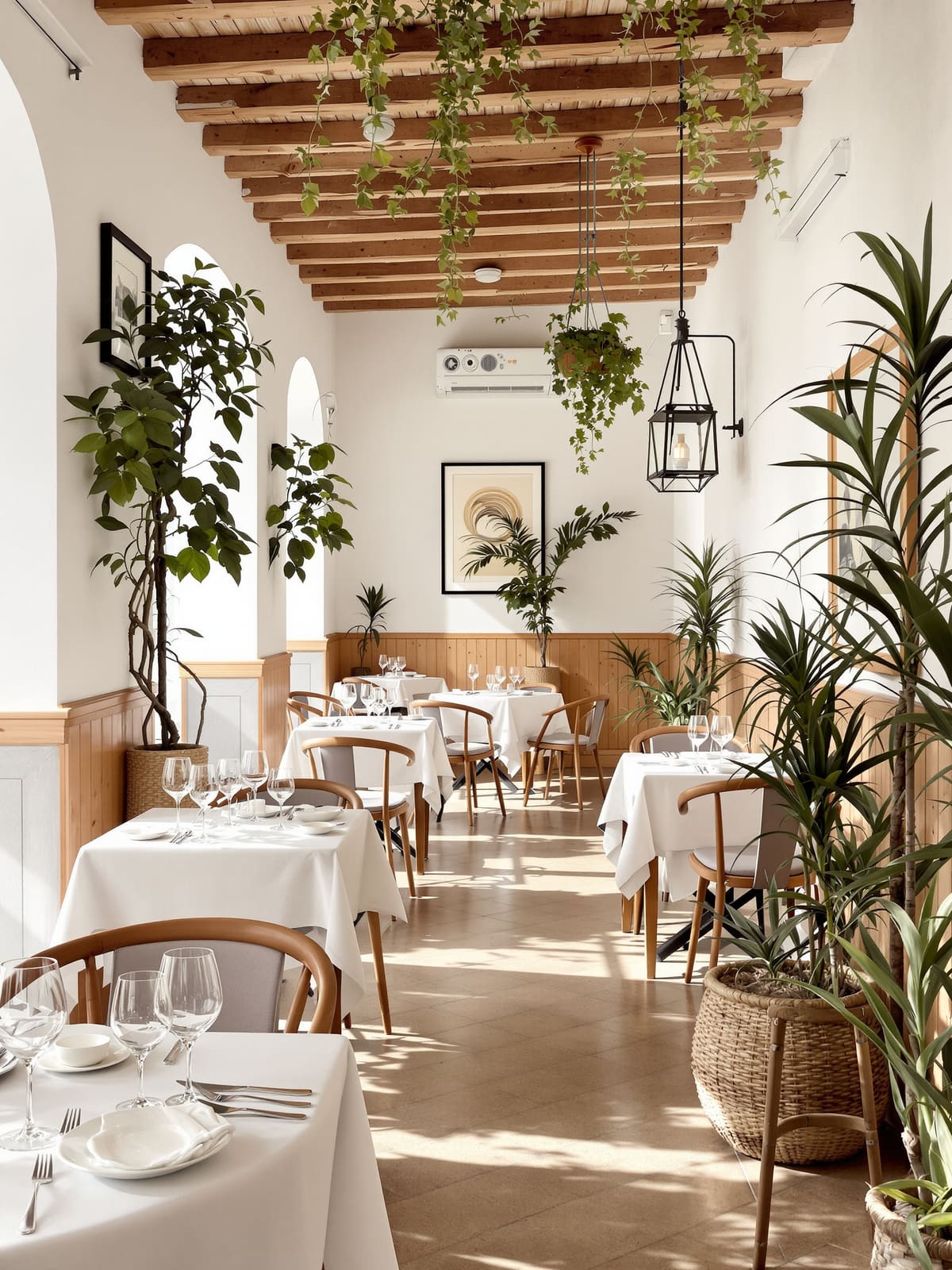 Comedor de restaurante con las mesas puestas antes del servicio