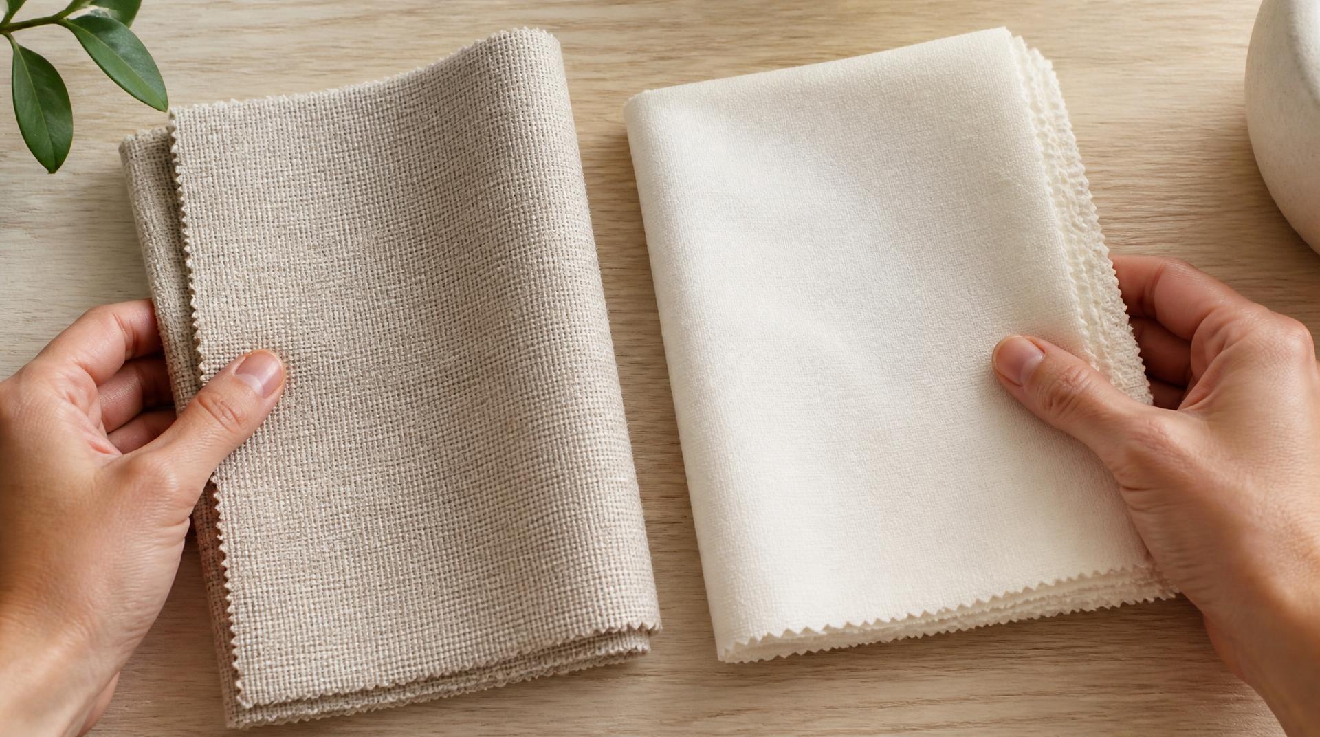Dos muestras de tela dobladas, una de lino basto y otra de algodón fino