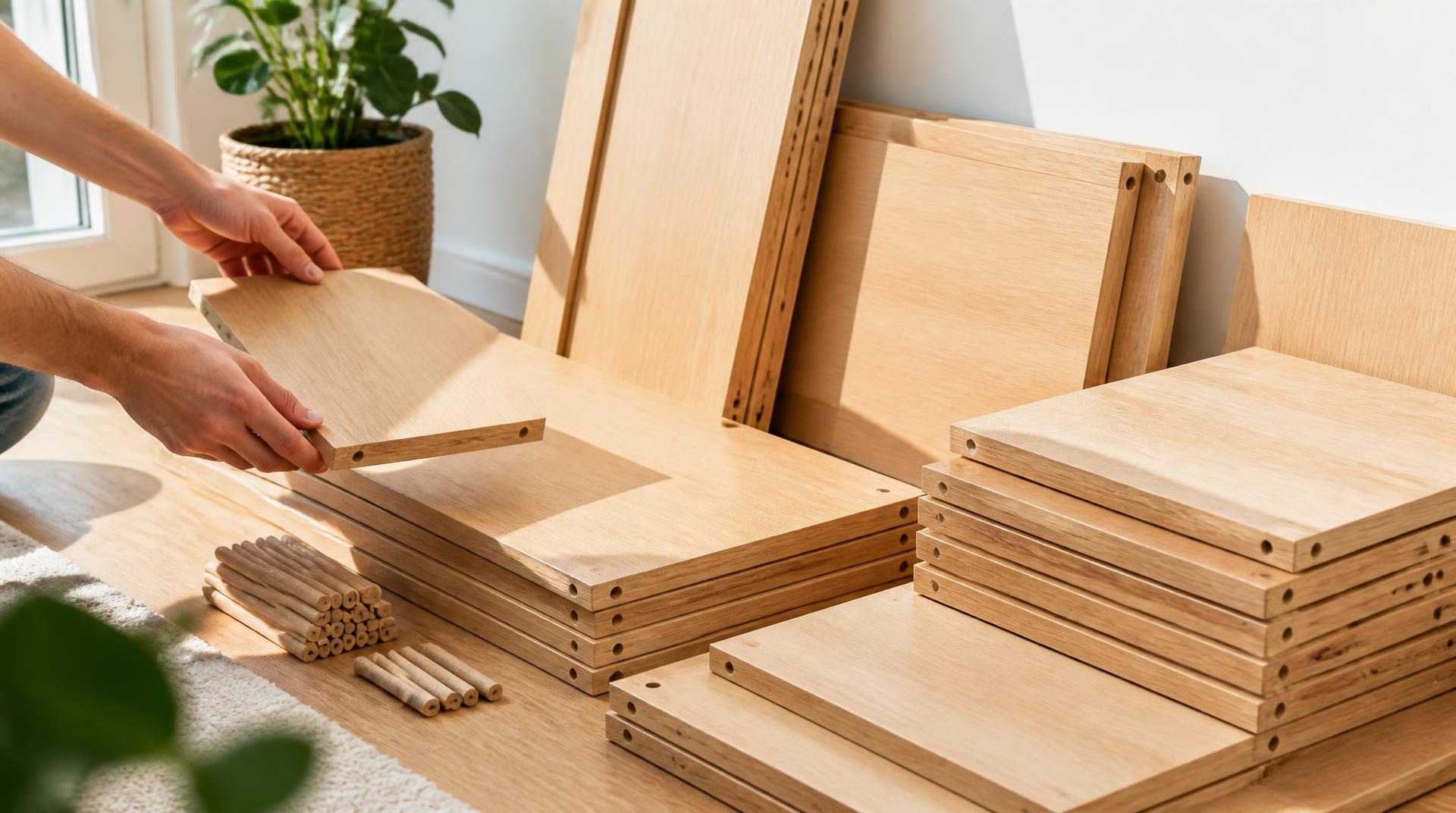 Piezas de estantería modular de madera apiladas junto a una pared blanca